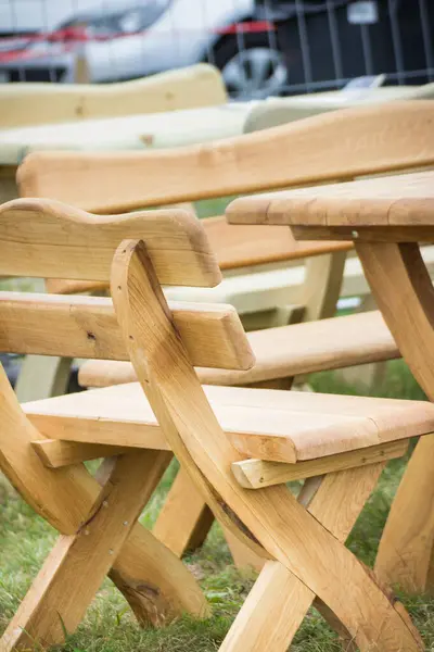 Wooden chair and table on fresh air in outdoor restaurant or cafe
