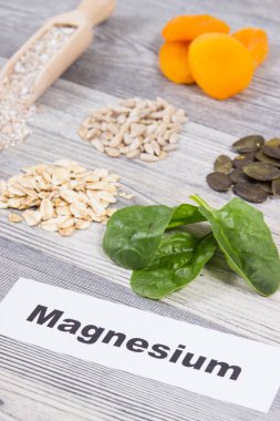 Yazıt magnezyum, sağlıklı besleyici yiyecekler ve doğal magnezyum ve diğer vitaminler ve mineraller içeren çeşitli malzemeler.