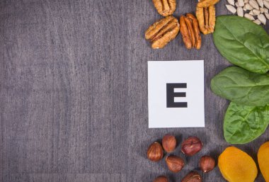Various ingredients containing natural vitamin E, other minerals and dietary fiber. Healthy lifestyle and nutrition. Place for text or inscription