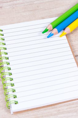 Notlar ve renkli kalemler için not defteri. Okulda ya da anaokulunda kullanılan ofis ve kırtasiye araçları