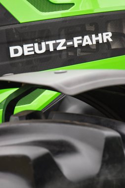Bednary, Poland - September 25, 2021: Agroshow. Deutz-Fahr brand tractor machine. Manufacturer agricultural and industrial equipment. Detail and part of vehicle