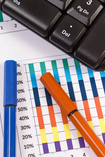 Ballpen Computer Keyboard Financial Chart Showing Different Production Sales Statistics — Stock Photo, Image