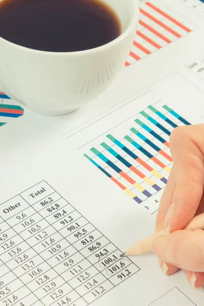 Cup Black Coffee Finger Showing Financial Chart Different Production Sales — Stock Photo, Image