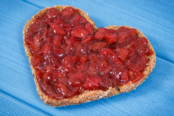 Slice Wholegrain Bread Shape Heart Strawberry Jam Breakfast Blue Boards Royalty Free Stock Photos