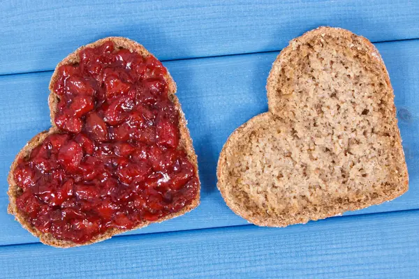 Slice Wholegrain Bread Shape Heart Strawberry Jam Breakfast Blue Boards Stock Picture
