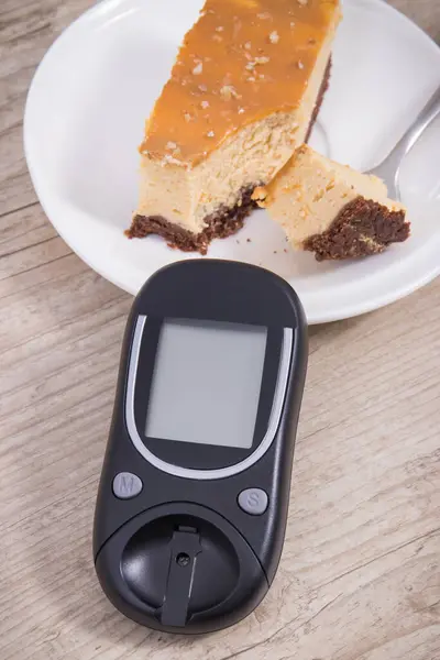 Glucometer Measuring Checking Sugar Level Piece Fresh Baked Sweet Cheesecake Stock Image