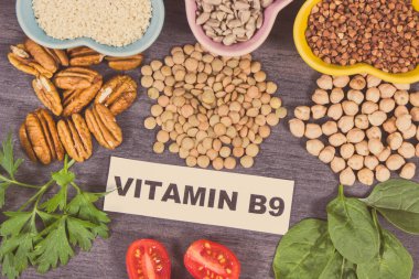 Kaynak olarak sağlıklı besleyici ürünler veya malzemeler doğal B9 vitamini, beslenme lifleri ve diğer çeşitli mineraller
