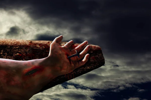 Dramatic Scene Jesus Crucifixion Showing Hand Christ Blood Bruise Nailed — Stock Photo, Image