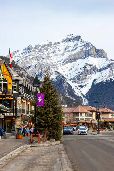 Banff Canada February 2024 Majestic Cascade Mountain Looms Banff Avenue Royalty Free Stock Photos