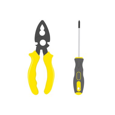 İnşaat ekipmanları, inşaat simgeleri, platform, çalışma araçları, pense, tornavida çizimi