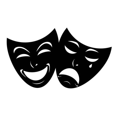 Tiyatro maskesi ikonu. Komedi ve trajedi teatral maskeler. Komik ve trajik bir maske. Maskeli balo koleksiyonu. Mutlu ve mutsuz geleneksel sembol - hisse senedi vektörü.