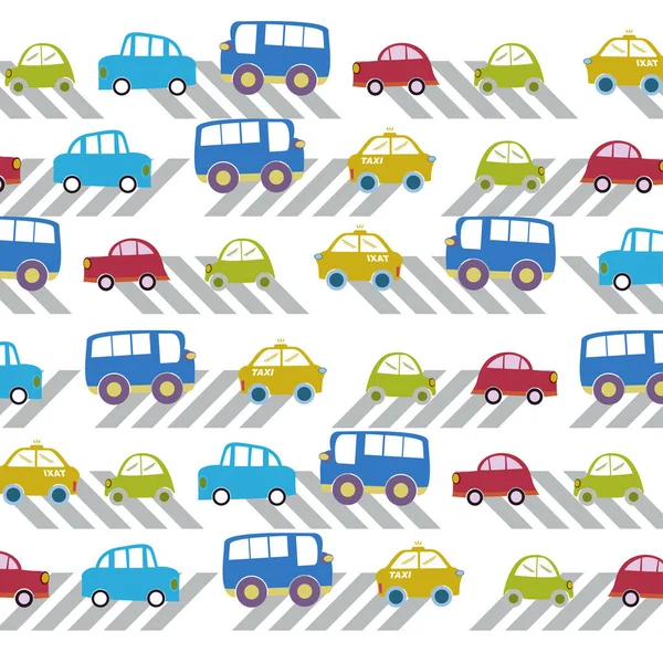 Patrón Coche Taxi Autobús Vector Divertida Ilustración Para Niños — Vector de stock
