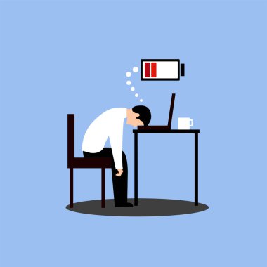 Hüsrana uğramış işçi zihinsel sağlık sorunları. Ofiste dizüstü bilgisayar başında oturan yorgun bir erkek yönetici. Vektör uzun çalışma günü illüstrasyonu
