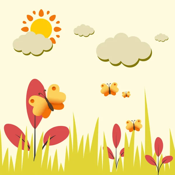 Mariposas Sol Verano Paisaje Floral Verano Primavera Ilustración Vectorial — Vector de stock