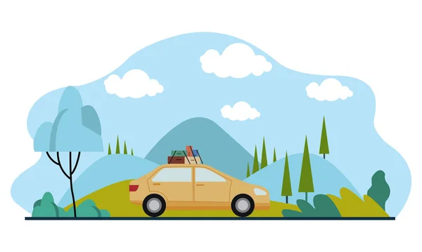 Семейная Поездка Автомобиле Фоне Красивого Горного Пейзажа Векторная Иллюстрация Плоской — стоковый вектор