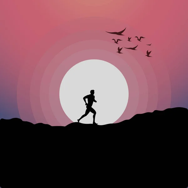 Silhouette People Running Hill Beautiful Concept Design Vector Illustration — Stock Vector