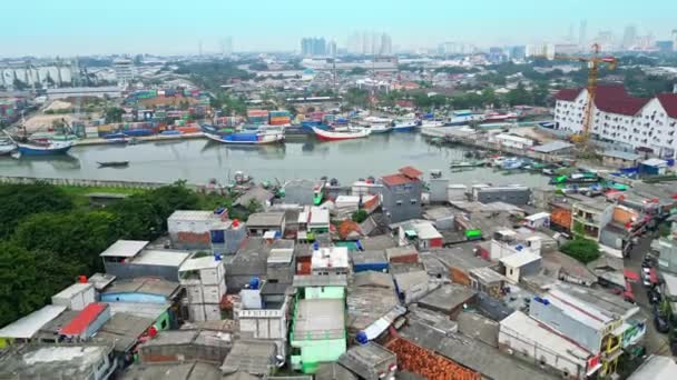 Повітряні Кадри Показують Галасливу Діяльність Порту Джахіт Джакарті Оточені Химерними — стокове відео