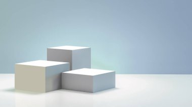 Soyut ürün görüntüleme podyumunun 3d görüntülenmesi, metin ve mavi arkaplan için boşluk