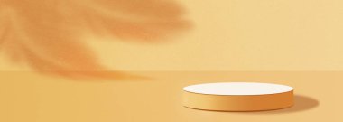 3D görüntüleme, koyu mavi mermer oval platform, silindirik ürün standı, bej arkaplan.