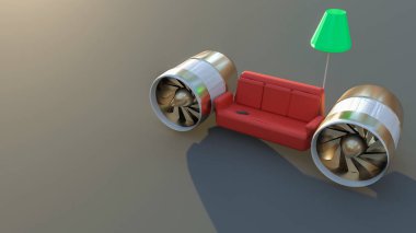 3 boyutlu resimde kırmızı bir kanepe ve yer lambası yan taraflarında jet türbinleri var, kopyalama alanı. Konforlu taveling, hızlı uçuş rezervasyon konsepti. Reklam şablonu.