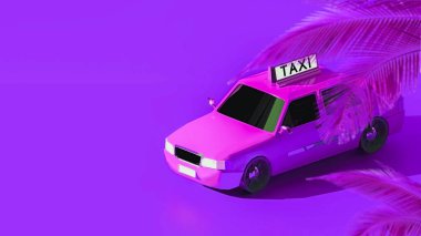 Isometric 3d rendering of a pink taxi car against the purple background with copy space, taxi service mobile application concept, advertisement template clipart