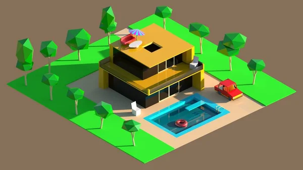 Niedrige Polygonale Isometrische Haus Mit Garten Schwimmbad Und Auto Neben — Stockfoto