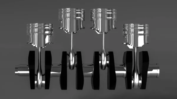 3d illustration of internal combustion engine crankshaft with chrome pistons isolated on grey background