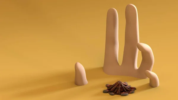 Återgivning Abstrakt Komposition Med Lägereld Den Gigantiska Handen Begravd Sand — Stockfoto