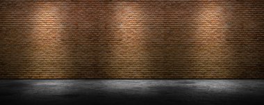 Spot ışığı, stüdyo odasının iç modellemesi, ürün standı, neon retrodalga arka planı olan koyu soyut tuğla duvar. 3d oluşturma