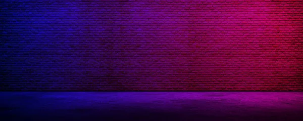 dark brick wall texture with purple and blue neon lights, 3d rendering, product mockup, retrowave style studio background template