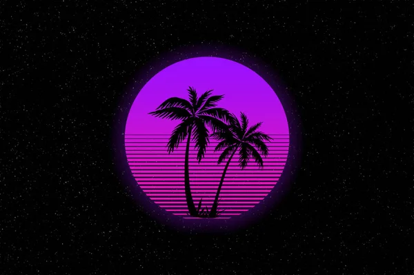 与1980年代紫色日落图标相对照的棕榈树反转图解 — 图库照片