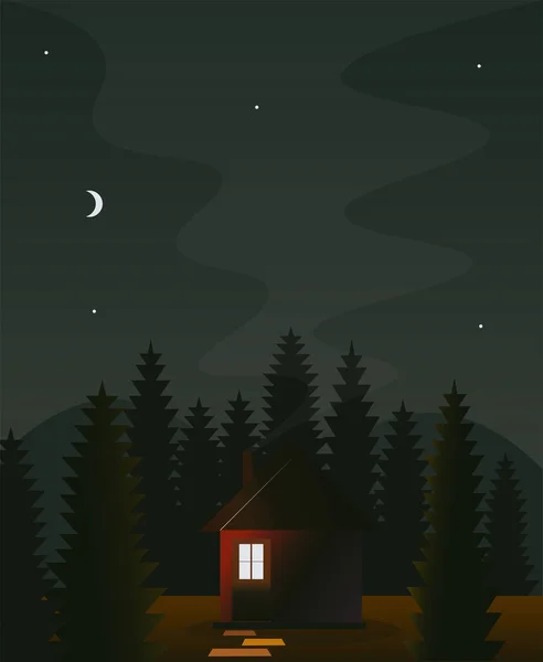 Flat vector illustration of a wooden cabin in the night mountain forest with smoke from the chimney and moon in the sky.