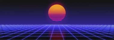 3D özet 1980 'lerin retrodalgası, kopyalama alanı olan siber punk arkaplan, neon perspektif ızgarası