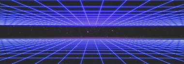 1980 'lerden esinlenilmiş siberpunk neon ışık ızgarası mavi tonlarda retro bilgisayar oyunu ortamı için bir arka plan şablonu olarak