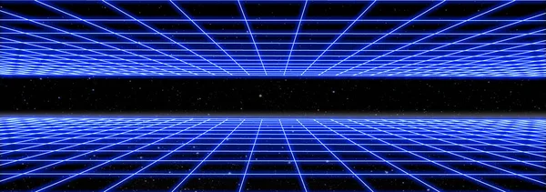 1980 'lerden esinlenilmiş siberpunk neon ışık ızgarası mavi tonlarda retro bilgisayar oyunu ortamı için bir arka plan şablonu olarak
