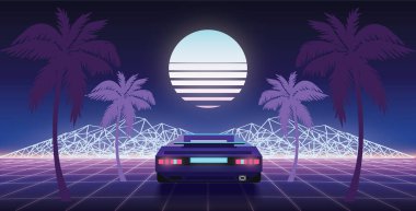 1980 'lerin retro dalga arka planı, gelecekteki bir arabanın neon siber punk perspektif ızgarasından geçişinin 3 boyutlu çizimi. Eski usul video yarış oyunu konsepti, vektör tasarımı.