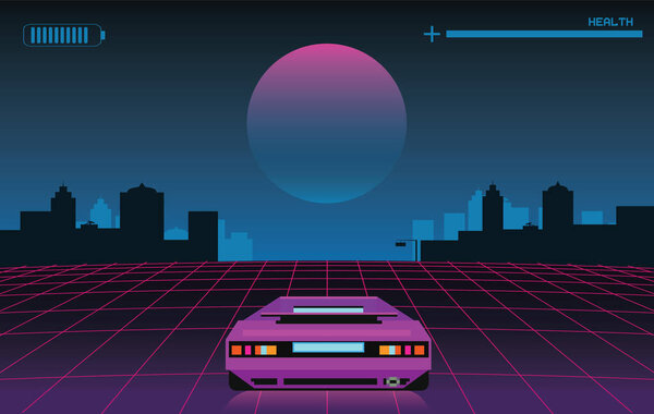 retrowave background with old school video game car against the 1980's cyberpunk background