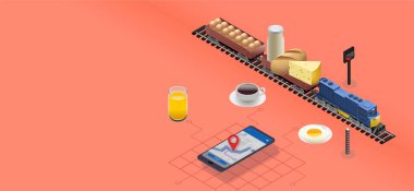 Trenle yolculuk eden kahvaltı ürünlerinin tasviri: ekmek, yumurta, süt, peynir. Yağda yumurta, portakal suyu, bir fincan kahve. Isome 'ın lokomotifi. Roket atarlar. 