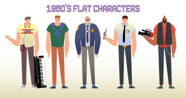 Bir grup düz erkek karakter. Farklı kıyafetlerdeki farklı karikatür adamlarının vektör çizimi. Beyazda izole edilmiş.