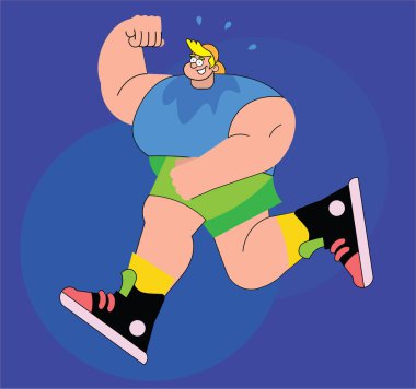 Zayıflamak için koşan, kardiyo egzersizi konsepti olan iri yarı, düz karakterin çizgi film vektör çizimi