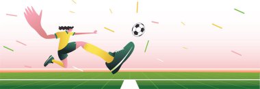 Top tekmeleyen bir futbolcunun geniş açılı görüntüsü bozulmuş, modaya uygun düz stil vektör çizimi. Dünya Kupası konsepti. İniş sayfası ana blok düzeni.