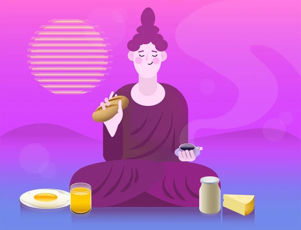 Personaje Plano Dibujos Animados Buddha Desayunando — Vector de stock