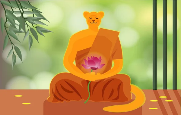 Desenho Animado Tigre Antropomórfico Manto Monge Budista Sentado Meditando Uma — Vetor de Stock