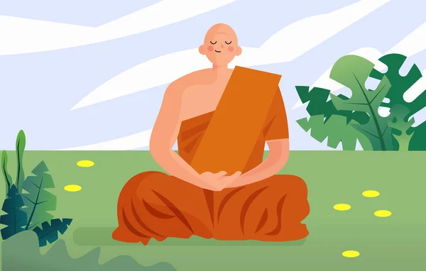 Desenho Animado Monge Budista Sentado Meditando Uma Posição Lótus Prado — Vetor de Stock