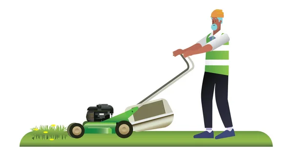 花匠割草的男性扁平特征 后院绿化概念 白色背景上的矢量图解 — 图库矢量图片
