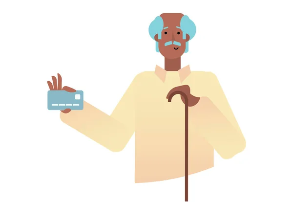 Ilustracja Dojrzałego Starszego Mężczyzny Laską Trzymającą Kartę Kredytową Dłoni Koncepcja — Wektor stockowy
