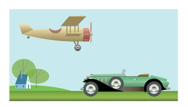 1920年代の自動車のベクトルフラットスタイルのイラストと ヨーロッパの田舎の夏の風景に対する戦前の複葉機 歴史的南北戦争時代の車両概念 — ストックベクタ