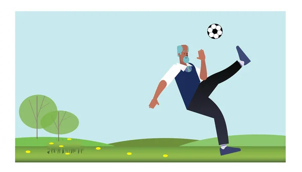 Starszy Mężczyzna Gra Piłkę Nożną Razem Zewnątrz Wektor Ilustracji — Wektor stockowy