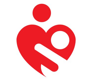 Heart shaped logo depicting mother embracing child. Mother care logo, children health care, mother hood concept.