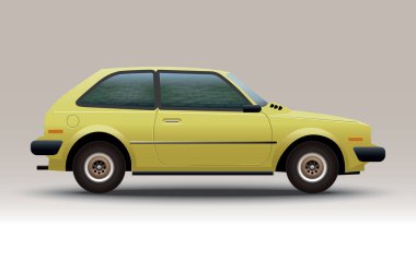 Küçük bir aile arabasının gerçekçi vektör çizimi, sarı 1980 model eski bir mekik hatchback. Yan görünüm
